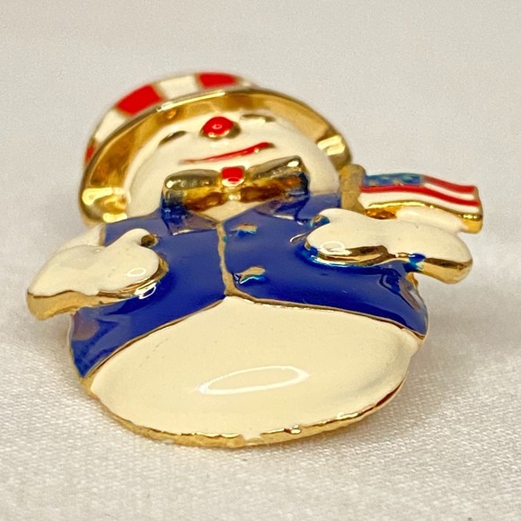 Patriotic Snowman Brooch And Pendant Heavy Gold Tone Enamel Cloisonne - Picture 4 of 9